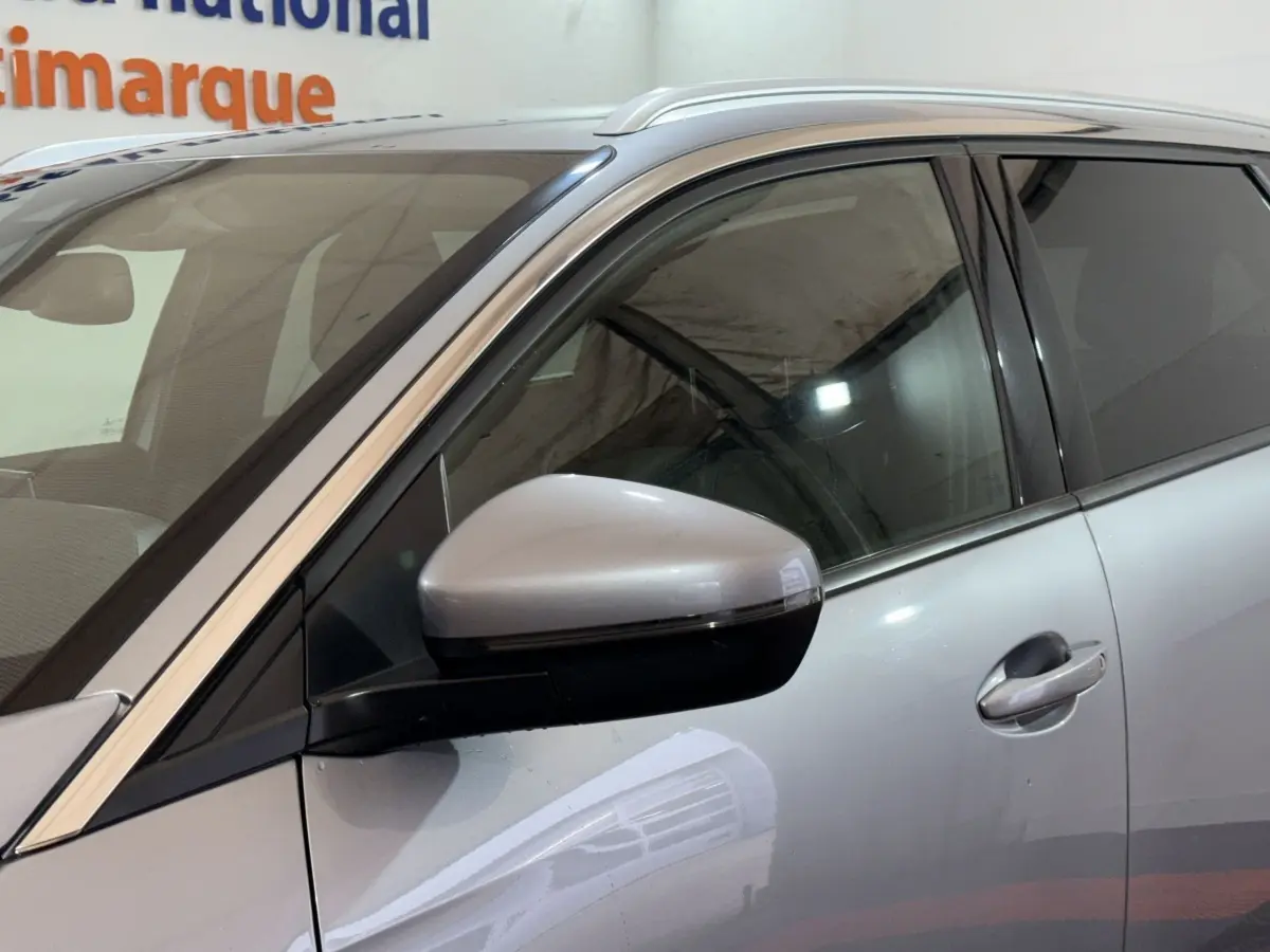 Vue rapprochée du côté gauche d’un Peugeot 5008 gris clair avec rétroviseur et poignée de porte visibles.