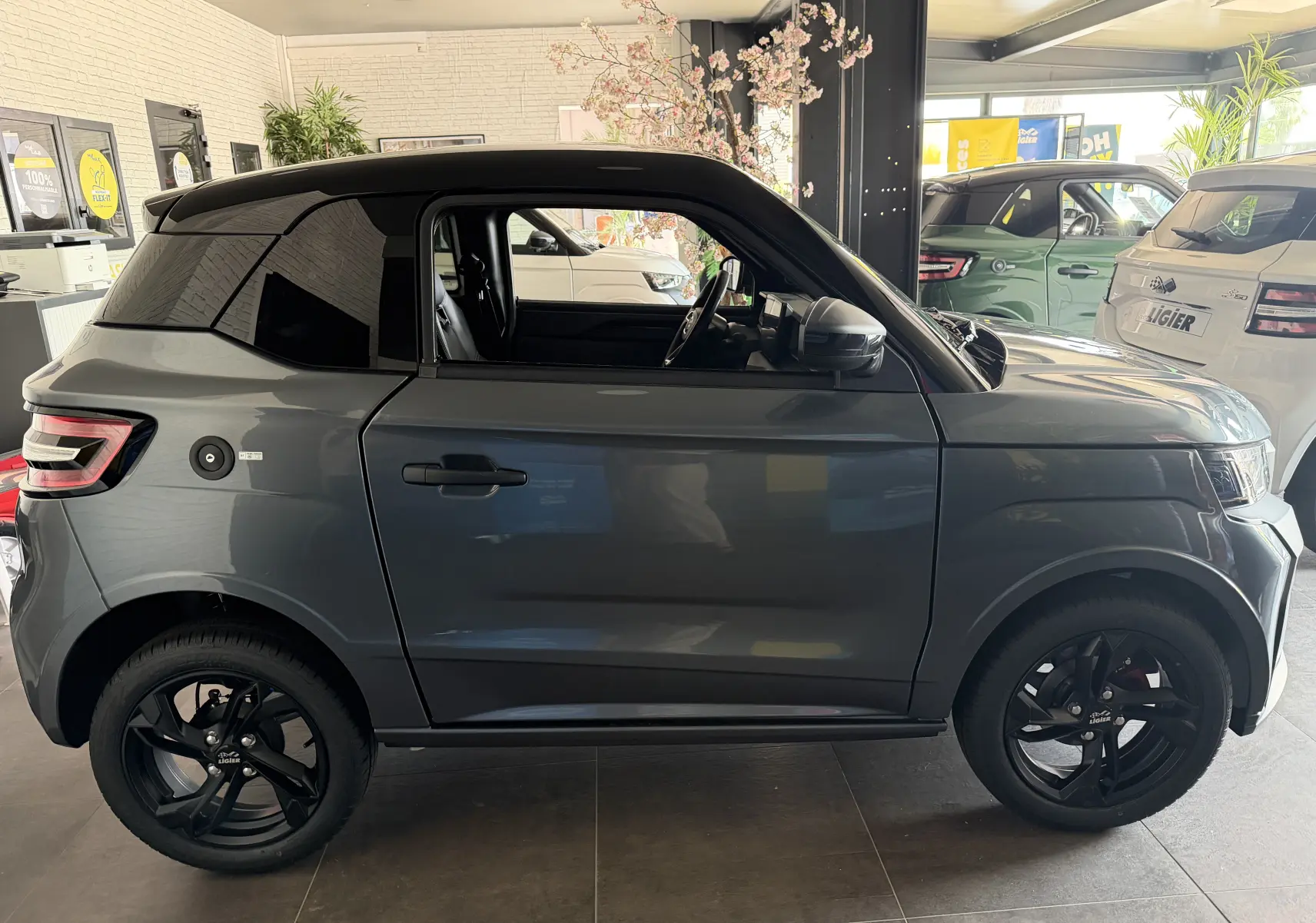 Vue de profil côté gauche d'une Ligier JS50 Elite Revo D+ gris graphite avec toit noir et jantes noires en showroom.