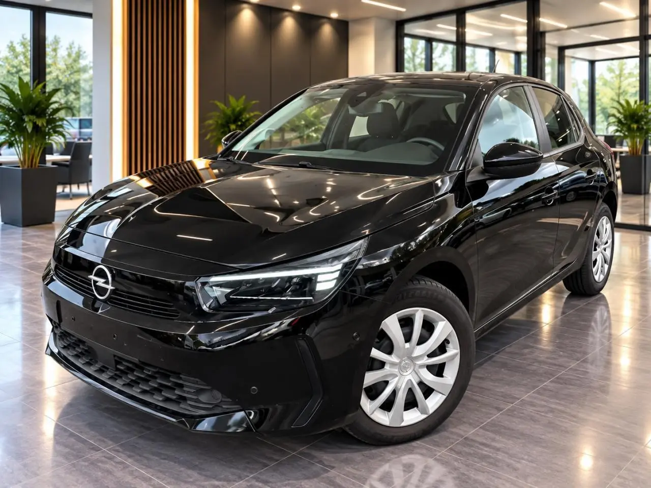 Opel Corsa 1,2 100 CV Edition noir karbon vue 3/4 avant droit en intérieur avec jantes argentées.