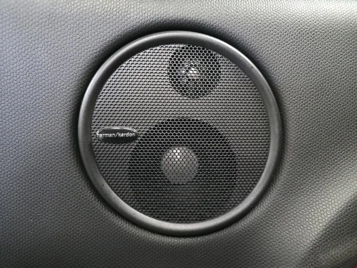 Gros plan sur le haut-parleur Harman/Kardon intégré dans la porte intérieure du MINI John Cooper Works rouge.