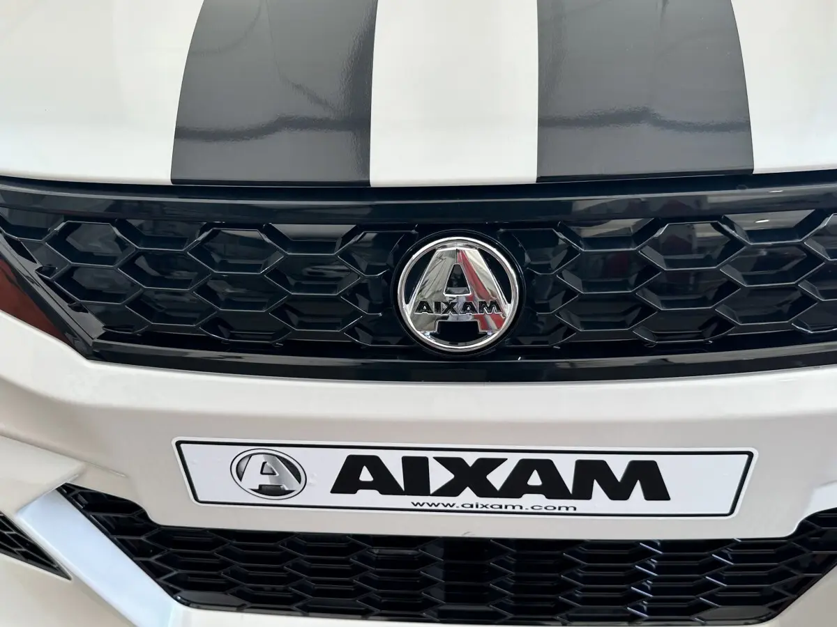 Gros plan avant sur la calandre noire et le logo chromé d'une Aixam Ambition 0.5 City GTO blanche avec bandes grises.