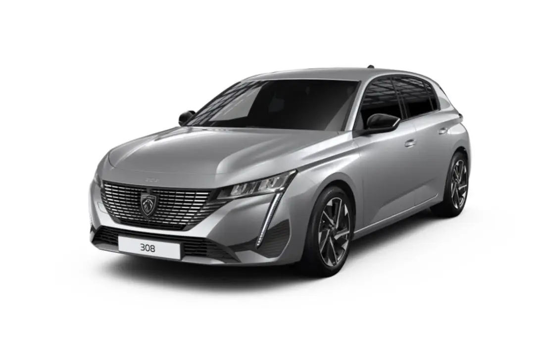 Peugeot 308 gris Artense vue 3/4 avant droit, avec calandre distinctive et jantes alliage bicolores.