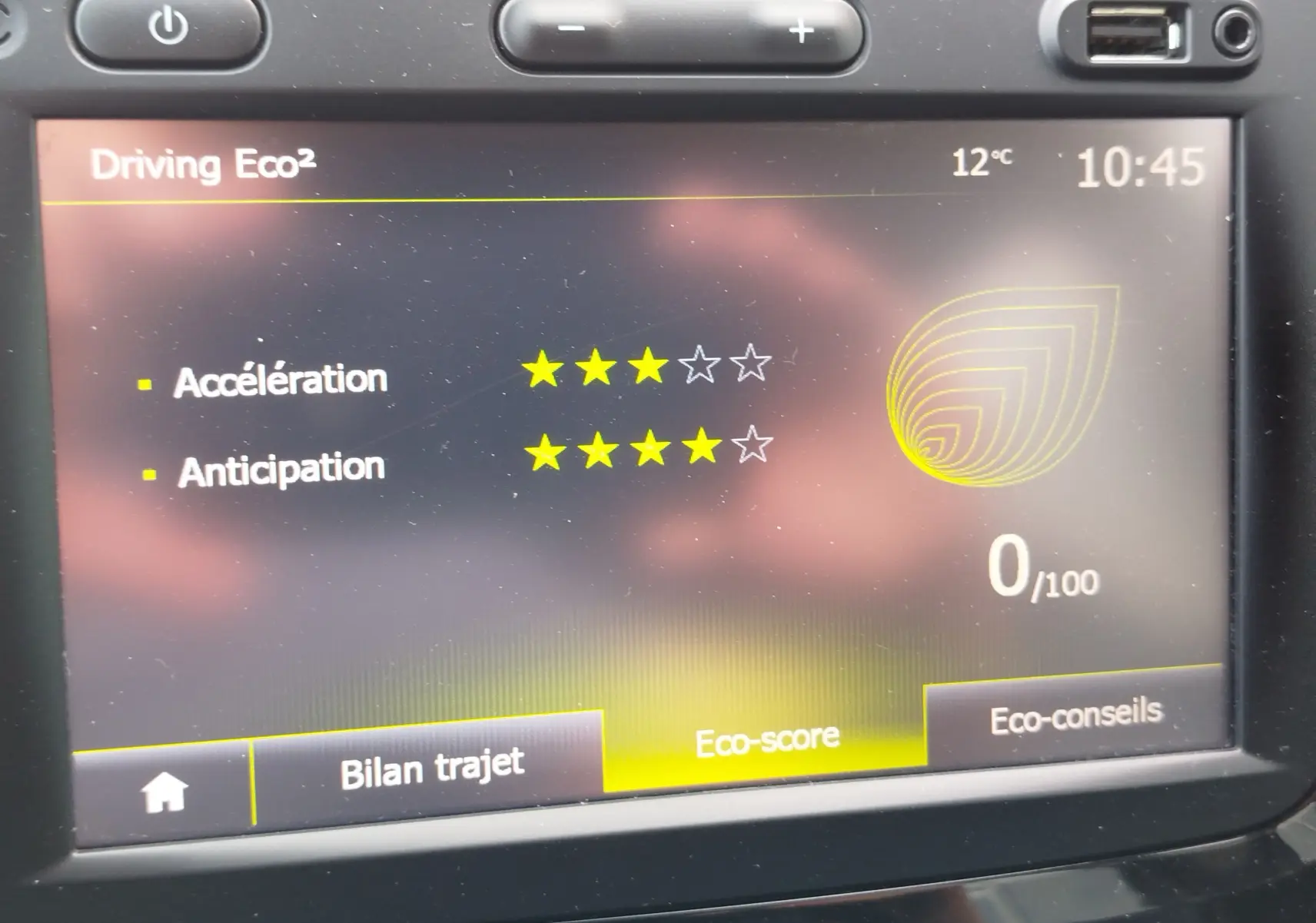 Écran tactile intérieur du Renault Captur 2018 affichant le score Eco² avec notes d'accélération et anticipation.