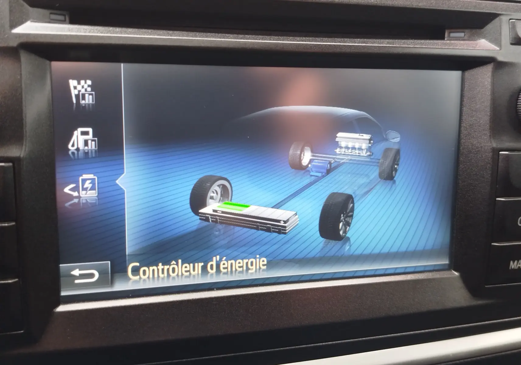 Écran de contrôle d'énergie affichant la répartition hybride de la Toyota Auris gris aluminium, vue intérieure du tableau de bord.