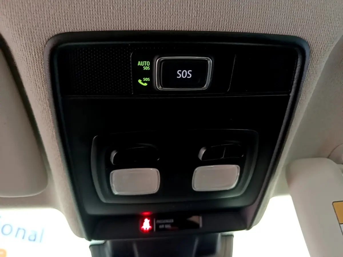 Vue en gros plan du plafonnier intérieur avec bouton SOS et éclairages, dans une Renault Clio Business E-Tech hybride 2021.
