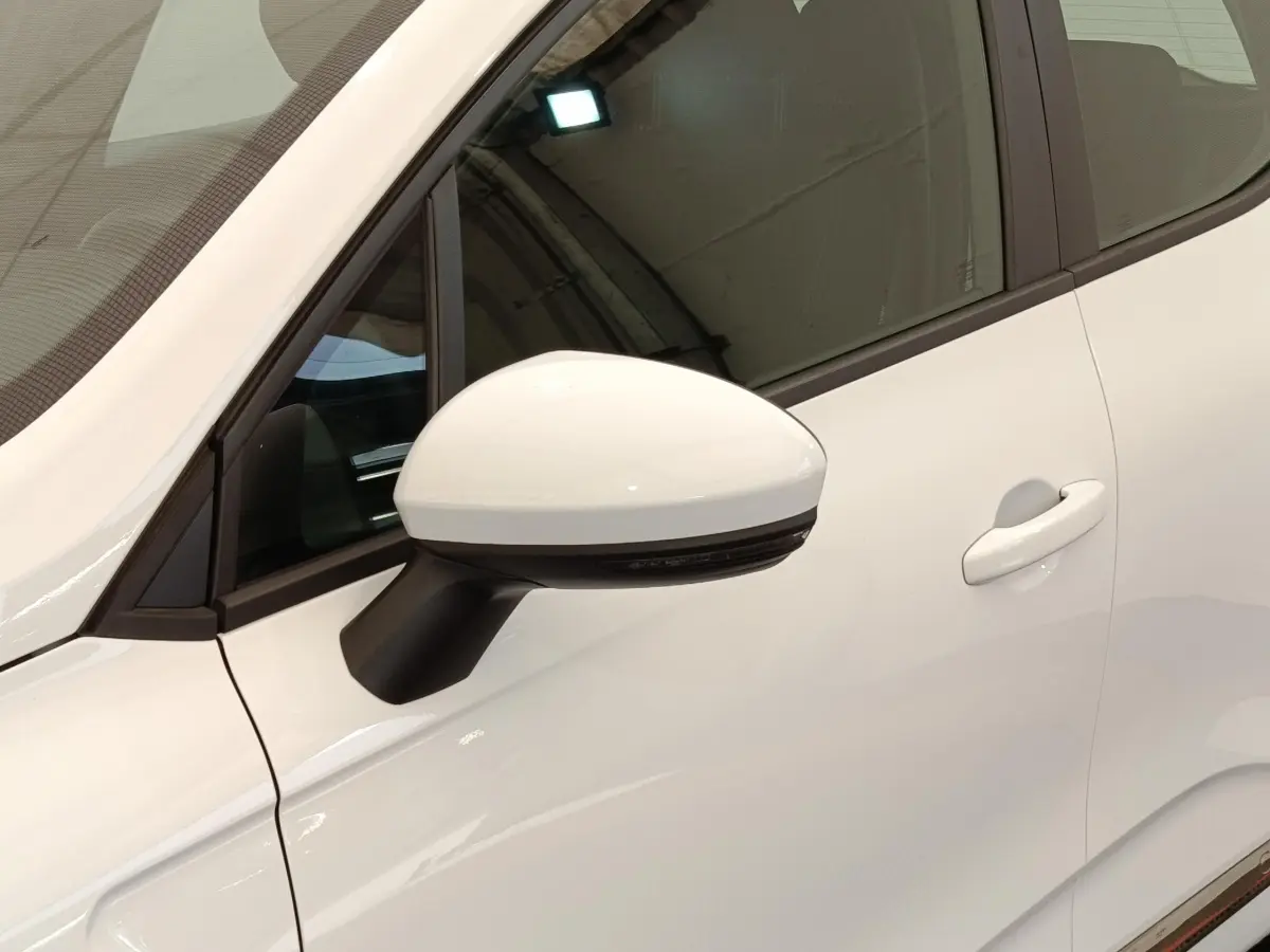 Gros plan sur le rétroviseur côté gauche et la portière blanche d'une Renault Clio Business TCe 100 GPL 2021.
