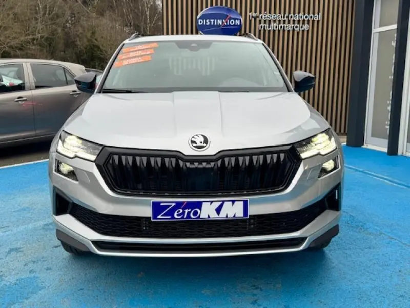 Vue frontale d'un Skoda Karoq gris diamant métallisé avec calandre noire et phares LED allumés sur parking bleu.