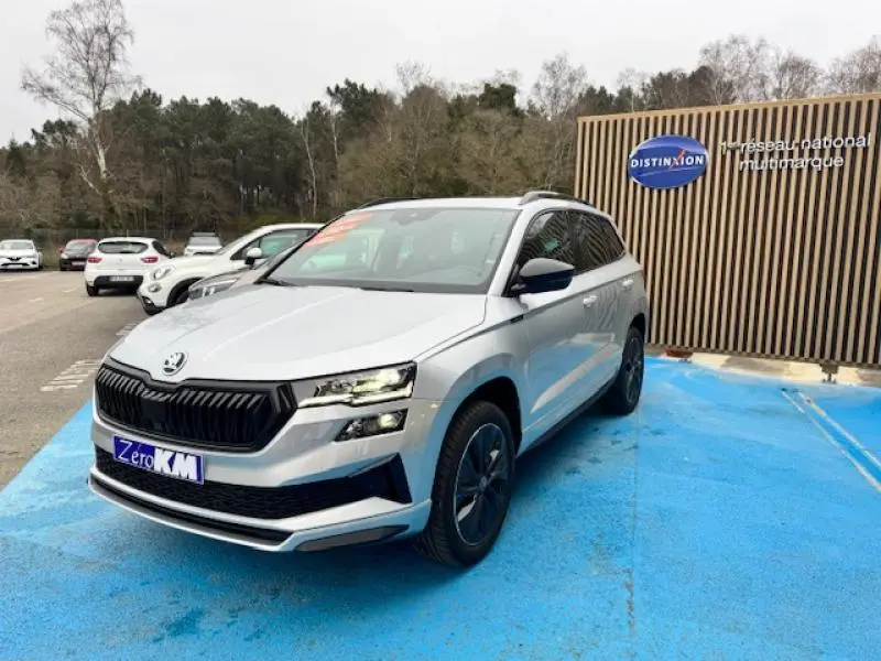 Vue 3/4 avant d'un Skoda Karoq gris diamant métallisé avec toit panoramique, stationné sur un sol bleu.