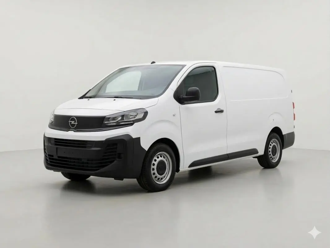 Opel Vivaro blanc en 3/4 avant droit, fourgon utilitaire avec pare-chocs noirs et jantes acier 16 pouces.