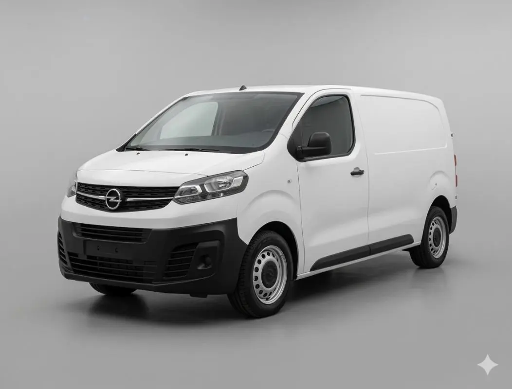 Opel Vivaro blanc en 3/4 avant droit, fourgon utilitaire avec pare-chocs noirs et jantes acier simples.