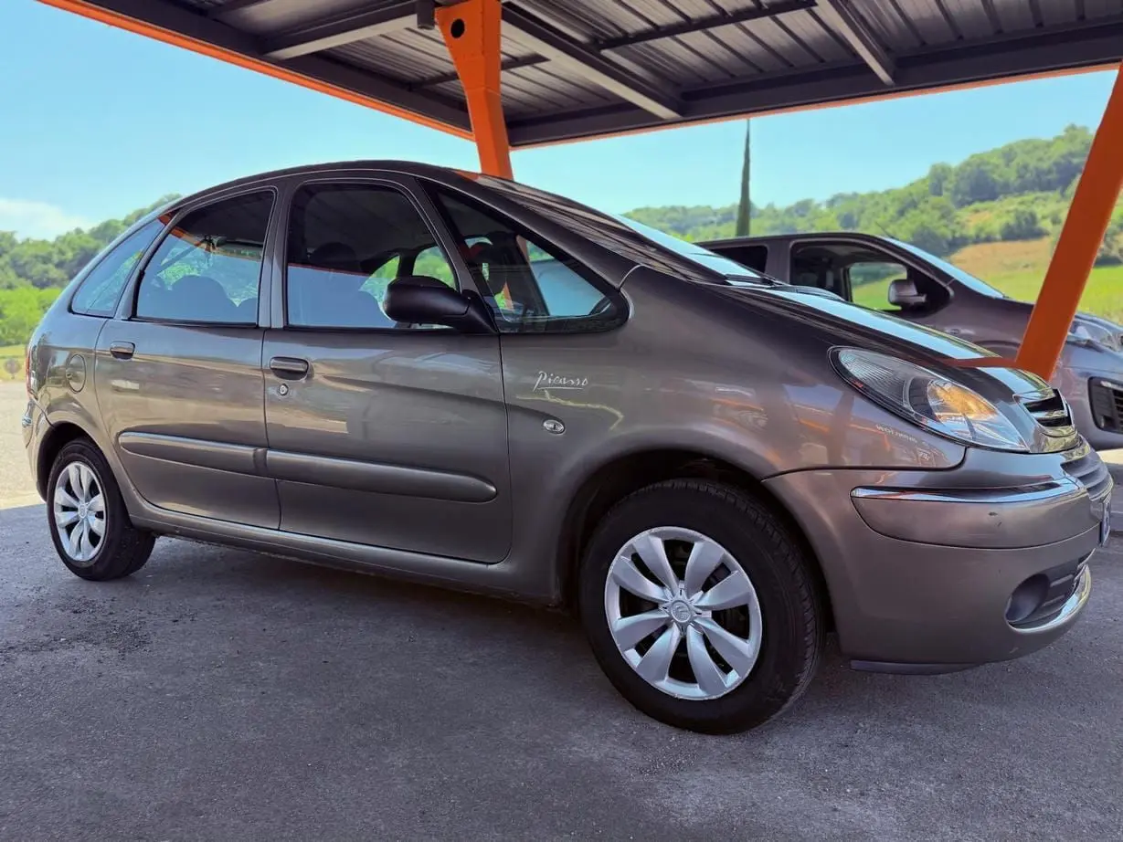 Vue 3/4 avant droit d'une Citroën Xsara Picasso beige stationnée sous abri, avec jantes argentées et logo Picasso visible sur la porte.