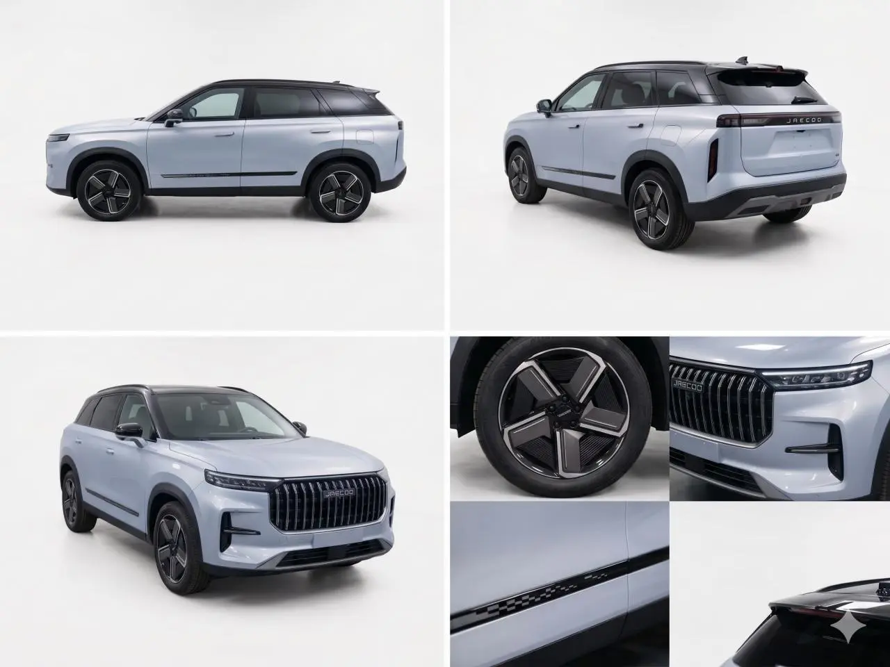 SUV JAECOO J7 1.5 SHS-P argent Moonlight avec toit noir, vue côté gauche, avant et arrière, détails jantes et calandre.