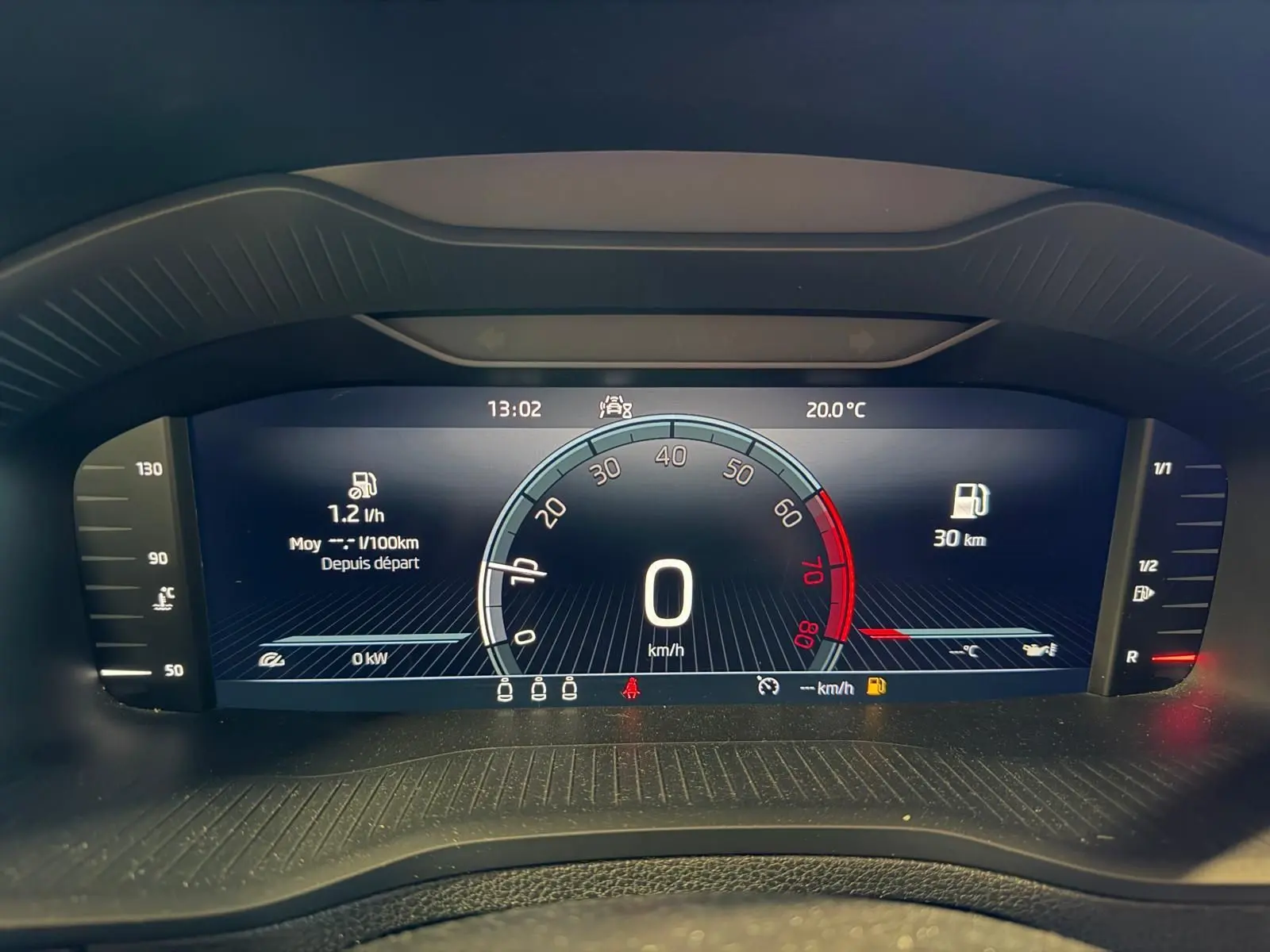 Tableau de bord numérique du Skoda Karoq blanc 2023 affichant la vitesse à 0 km/h et la température extérieure à 20°C.