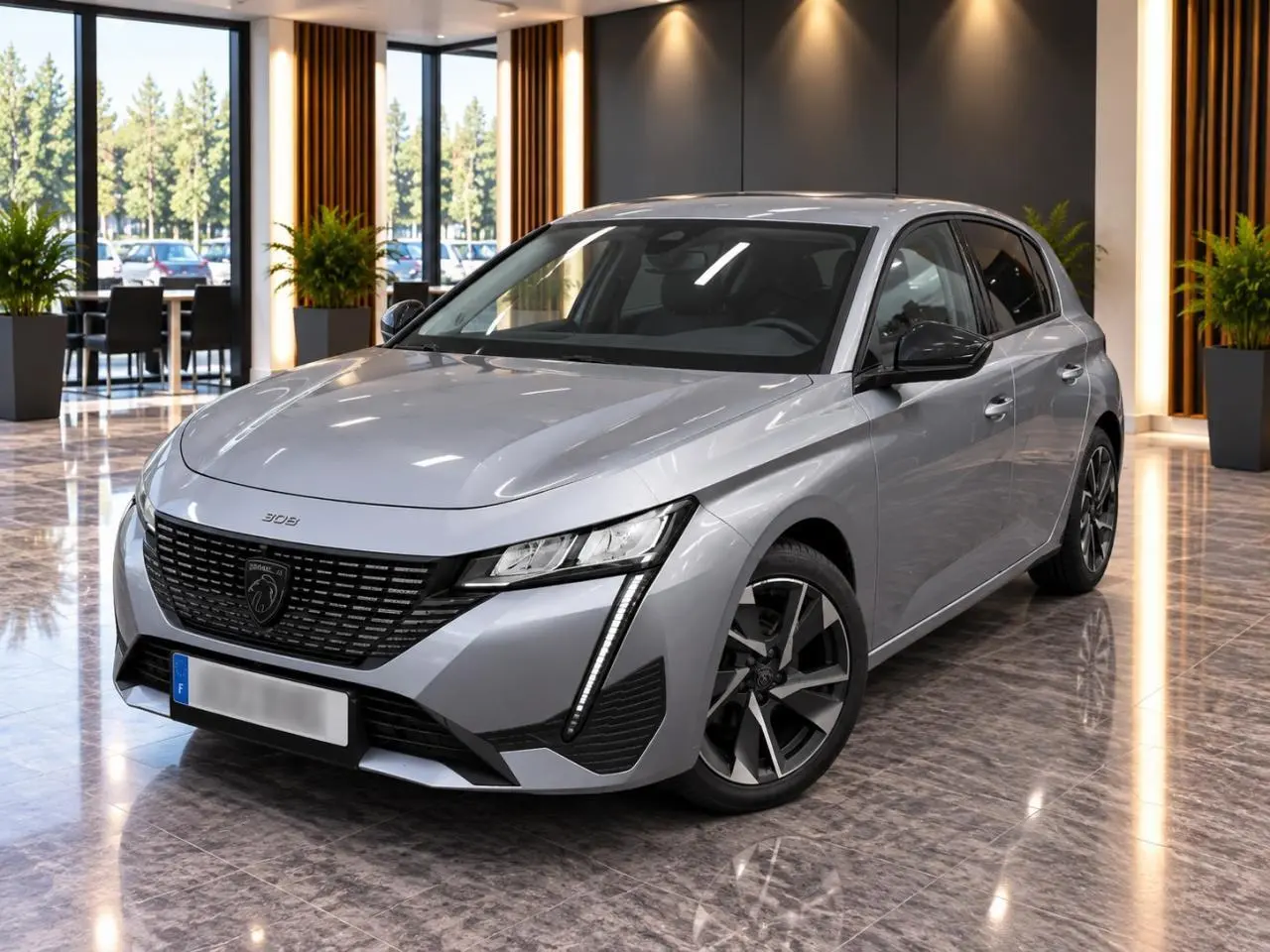 Peugeot 308 gris sellenium vue 3/4 avant droit, avec calandre noire et feux LED verticaux distinctifs.