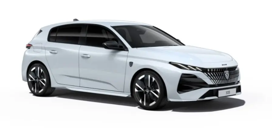 PEUGEOT 308 hybride blanc Okenite vue 3/4 avant droit avec calandre distinctive et jantes noires.