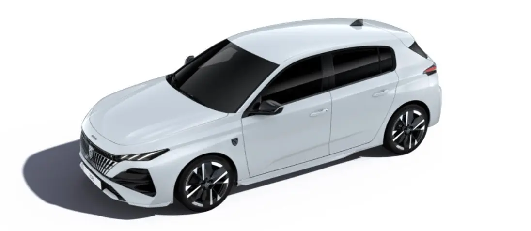 Peugeot 308 Nouvelle Hybrid 145 GT blanc Okenite vue 3/4 avant droit avec jantes noires et vitres teintées.