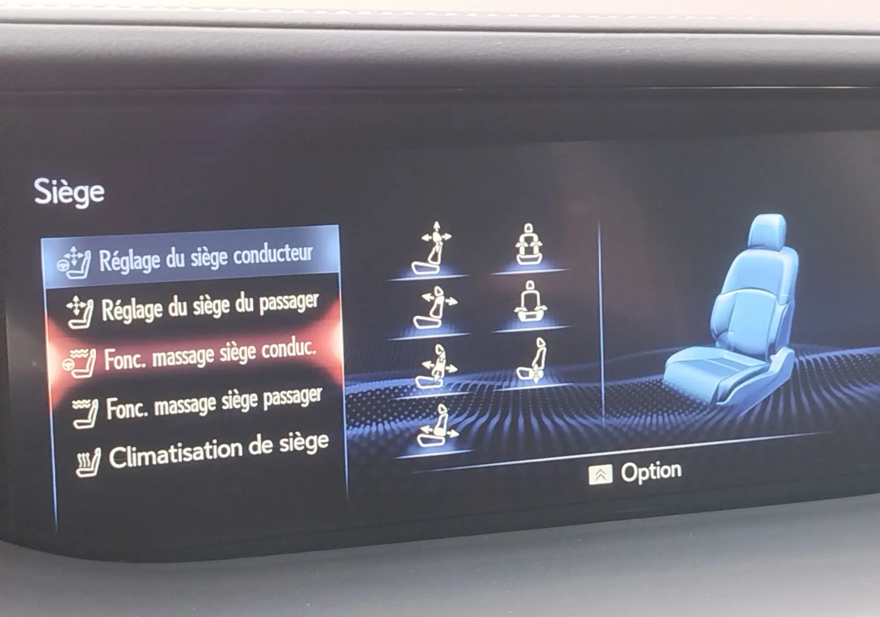 Écran de réglage des sièges avec options massage et climatisation dans une Lexus LS 500H 2020 gris manganèse.