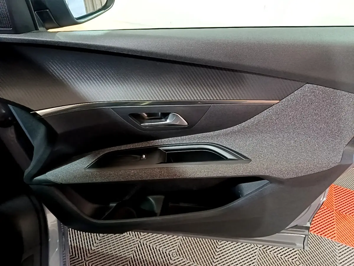 Vue intérieure côté gauche de la porte avant gris clair du Peugeot 5008 avec poignée et commandes de vitre intégrées.