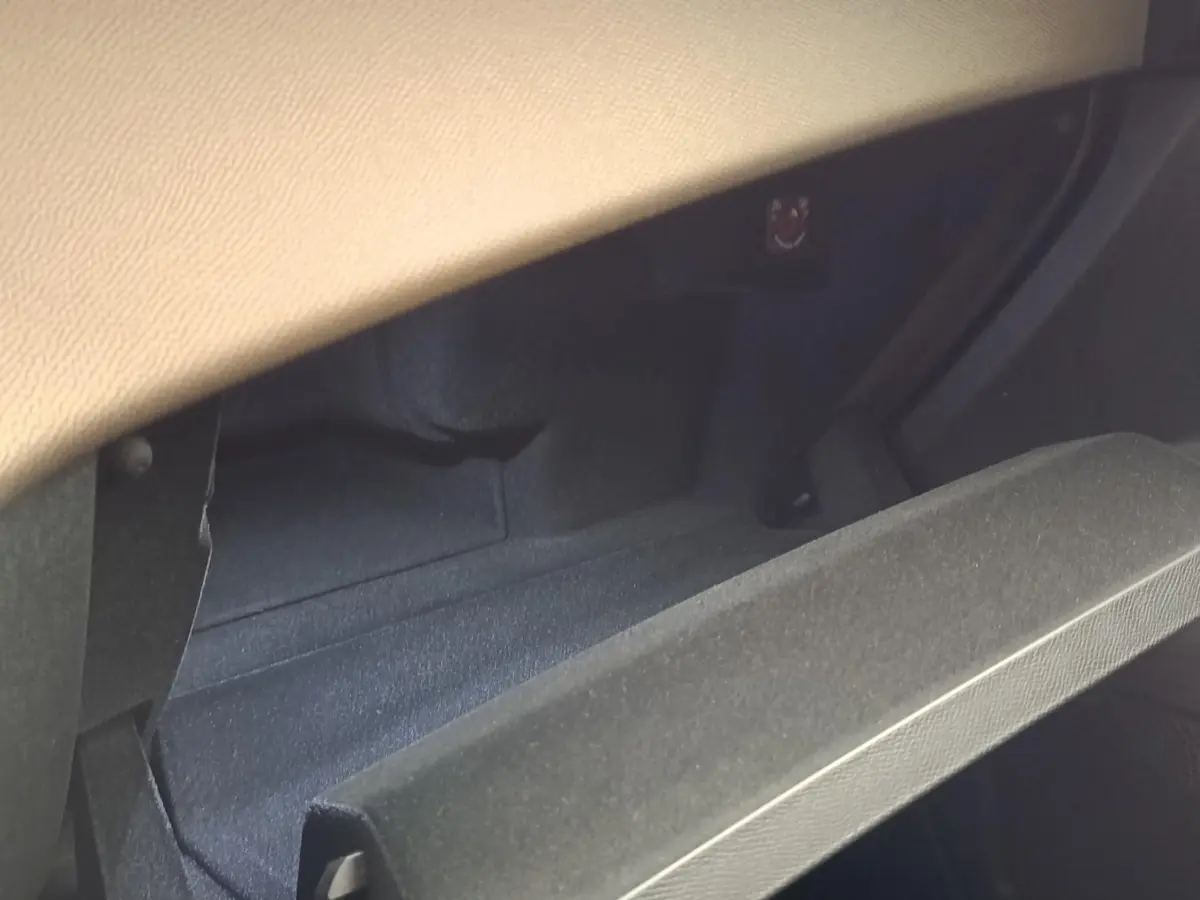 Vue intérieure du coffre à gants ouvert du DS7 Crossback E-TENSE 225 BUSINESS avec revêtement noir et partie supérieure beige.