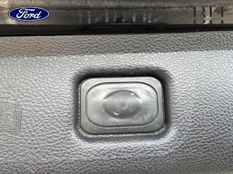 Détail du bouton d'ouverture électrique du coffre sur Ford S-MAX 2018 couleur Mica Noir Shadow.