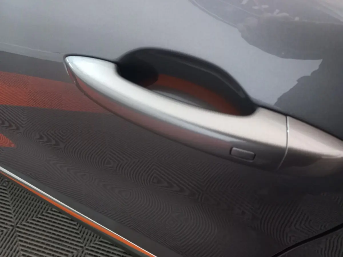 Poignée de porte côté gauche gris clair du Renault Captur Business TCe 100 2020 avec bouton de déverrouillage intégré.