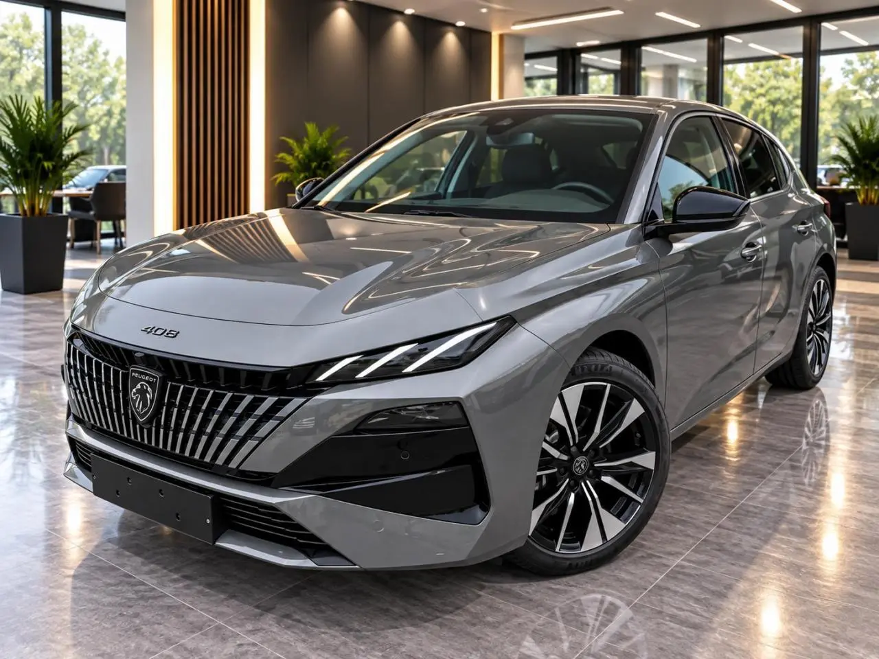 Vue 3/4 avant droit d'une Peugeot 408 gris sélénite avec calandre verticale distinctive et jantes noires et argentées.