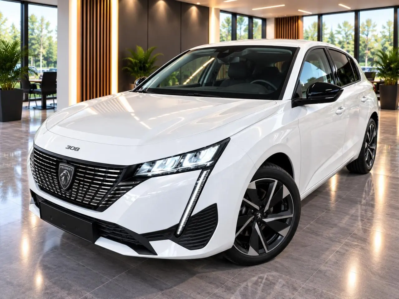 Peugeot 308 blanc okenite vue 3/4 avant droit, calandre noire distinctive et jantes alliage bicolores.
