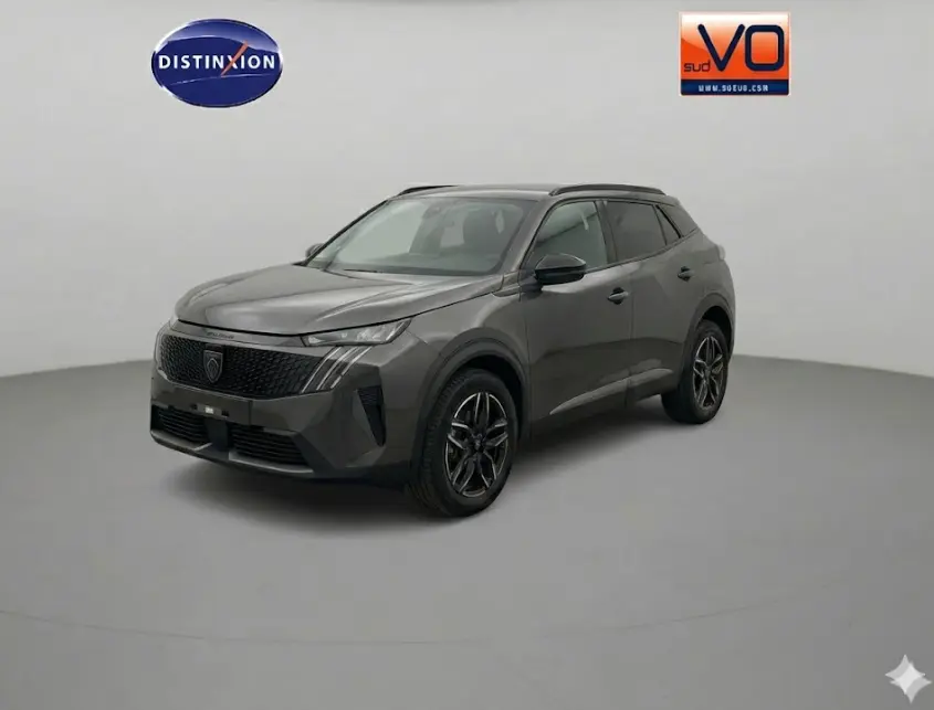 PEUGEOT 3008 Hybrid gris en 3/4 avant droit, avec jantes alliage 19 pouces et calandre noire distinctive.