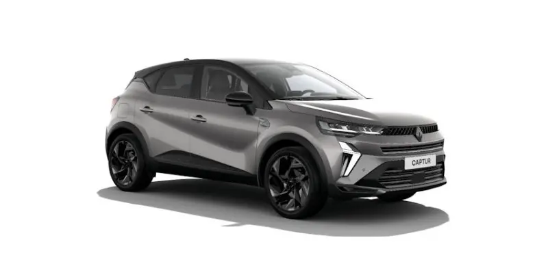 Renault Captur gris clair esprit Alpine hybride, vue 3/4 avant avec jantes noires et signature lumineuse LED.
