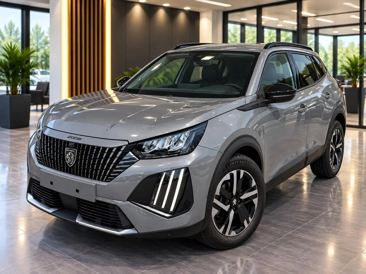 Peugeot 2008 2025 gris sellenium en 3/4 avant droit, avec calandre noire et feux LED verticaux distinctifs.