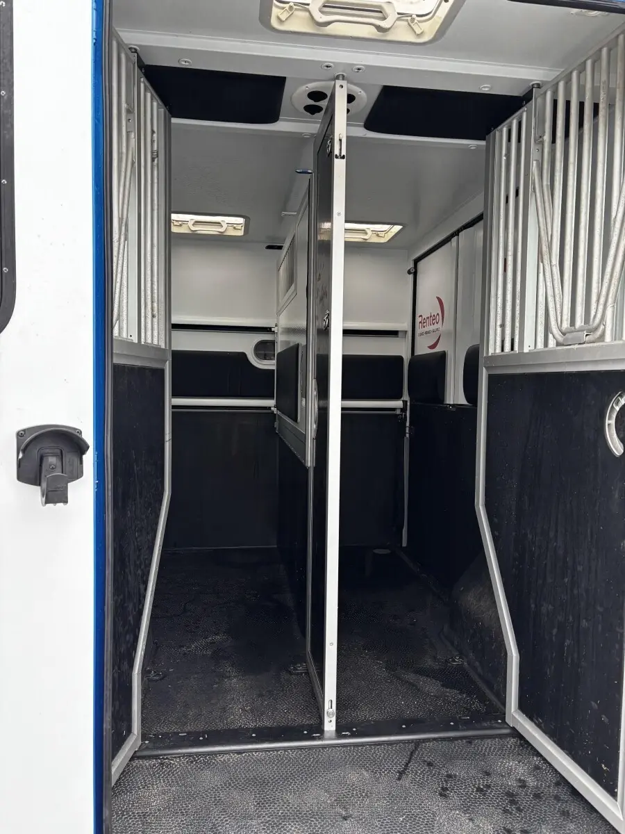 Vue intérieure arrière du Renault Master bleu 2020, montrant la cloison pleine et les compartiments de chargement.