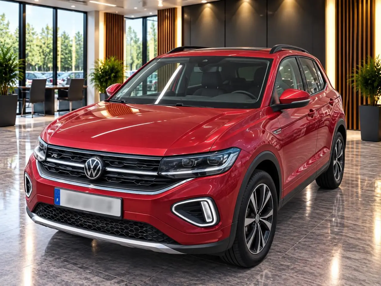 Volkswagen T-Cross rouge métal en 3/4 avant droit, avec calandre R-Line et jantes alliage distinctives.