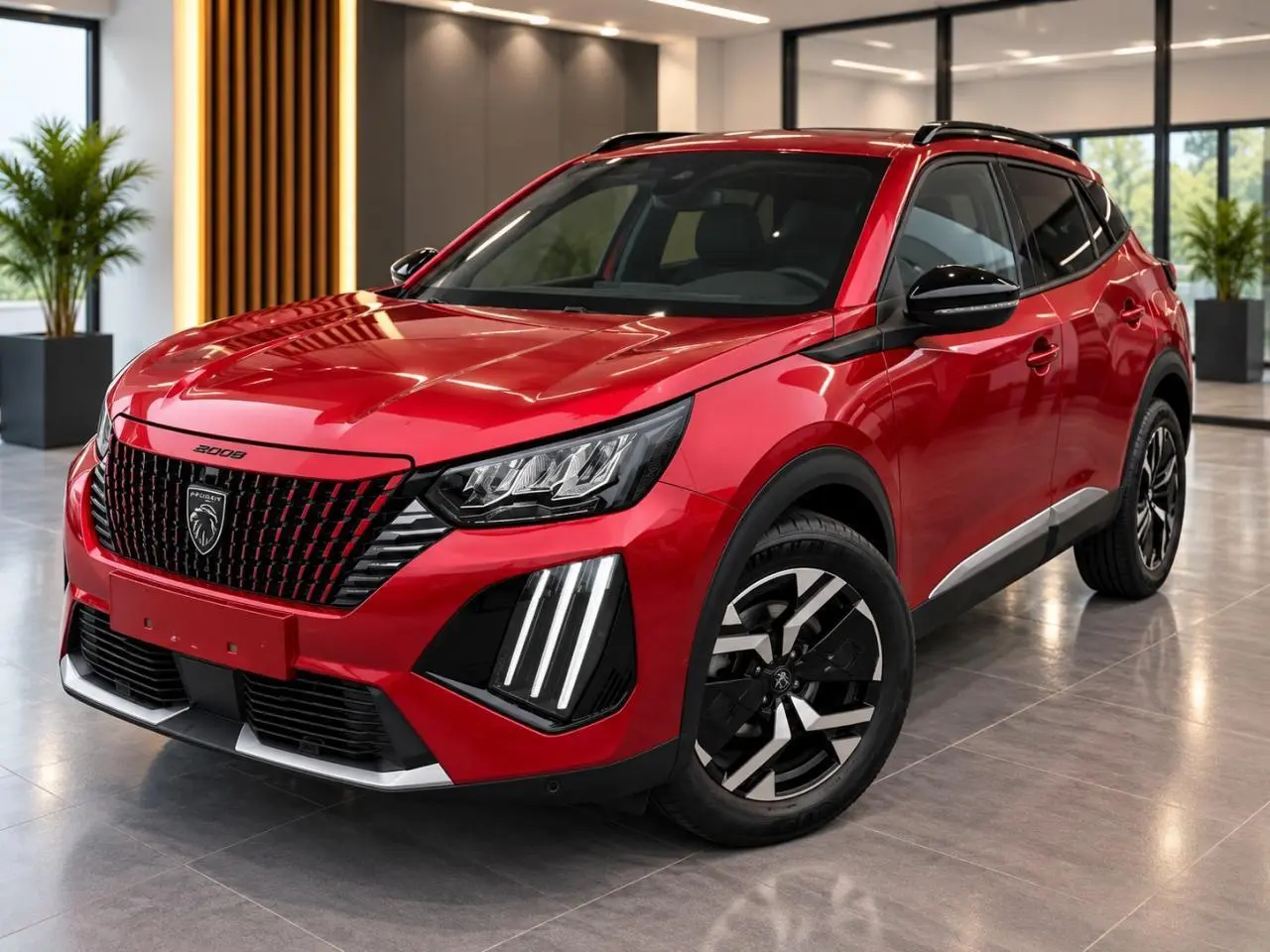 Peugeot 2008 rouge elixir en 3/4 avant droit, avec calandre noire et feux LED verticalisés, dans un showroom lumineux.