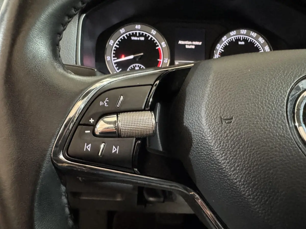 Gros plan sur les commandes gauche du volant cuir noir du Skoda Karoq blanc, avec tableau de bord numérique en arrière-plan.