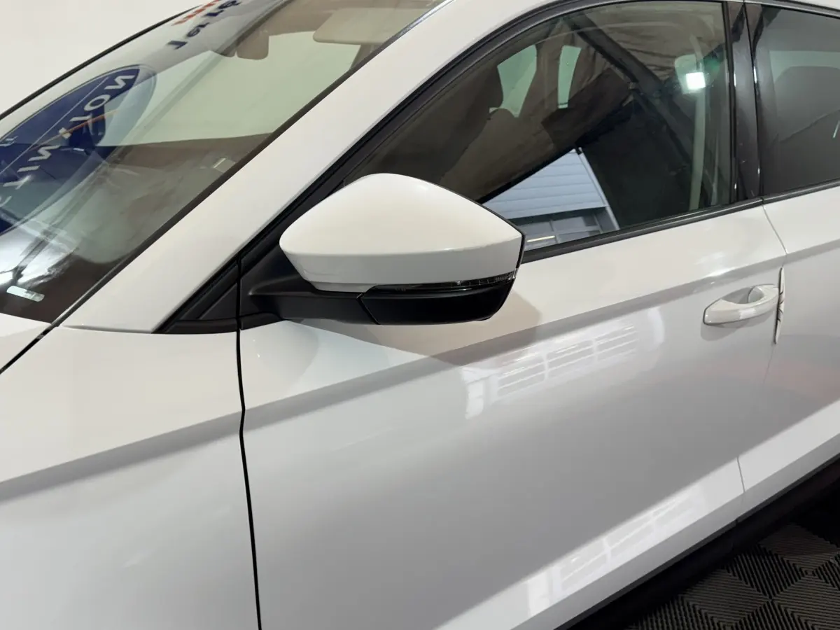Vue rapprochée du côté gauche blanc d'un Skoda Karoq 2021, mettant en valeur le rétroviseur et la poignée de porte.