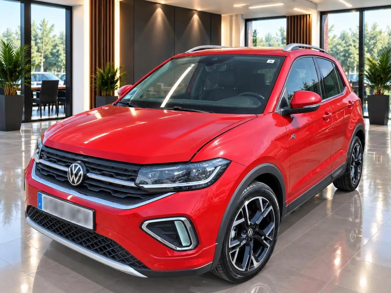 Volkswagen T-Cross rouge métal vue 3/4 avant avec jantes alliage noires et détails R-Line en intérieur showroom.