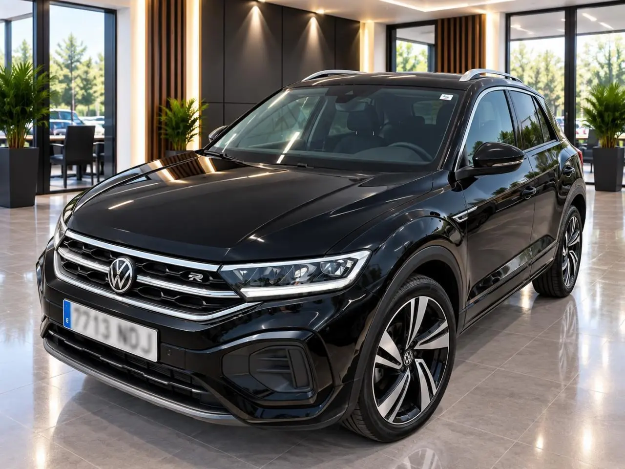 Volkswagen T-Roc 1.5 TSI R-Line noir métal en 3/4 avant droit, avec jantes alliage et calandre spécifique R-Line.
