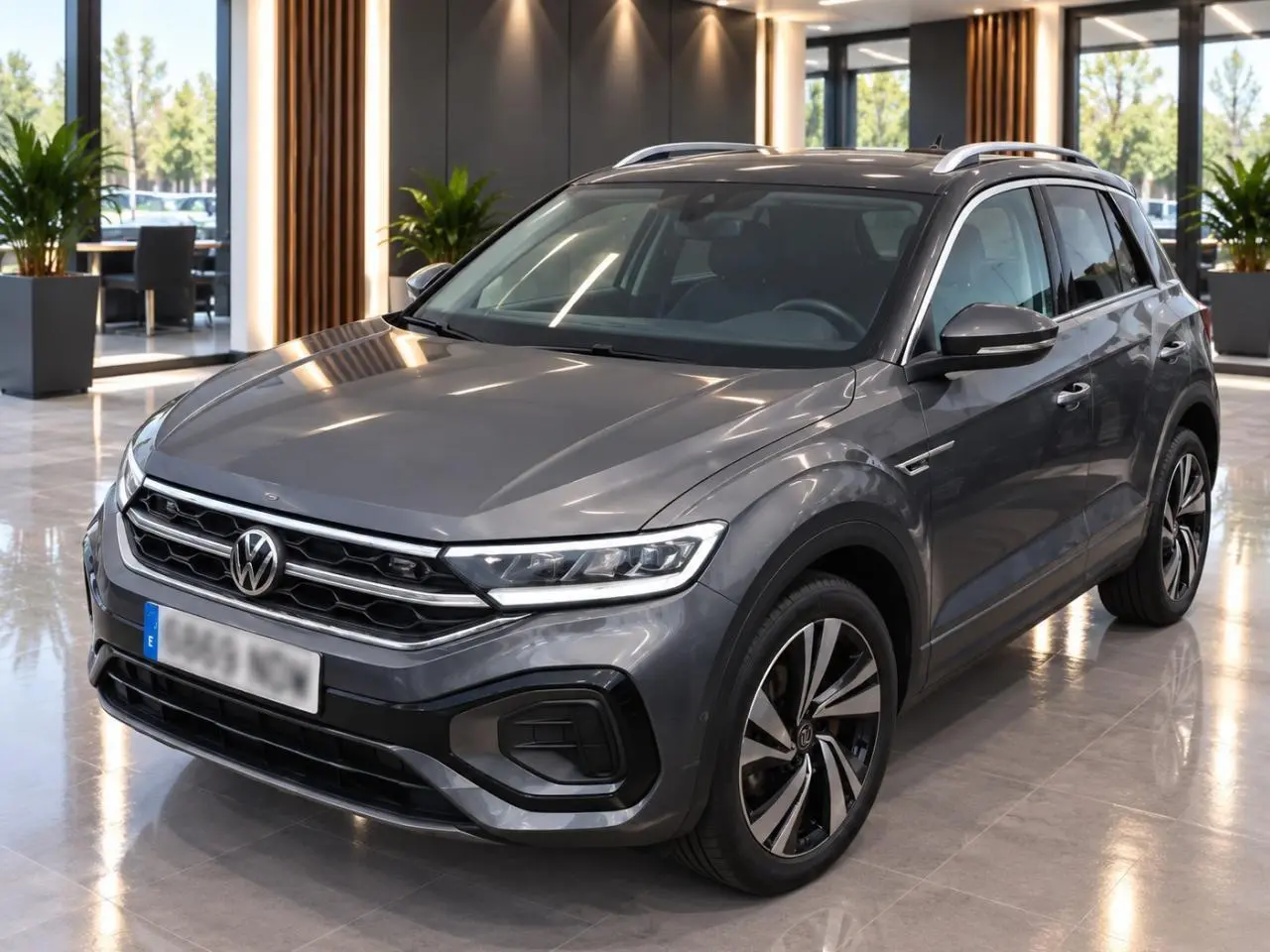Volkswagen T-Roc gris platinium en vue 3/4 avant droit, avec calandre R-Line et jantes alliage distinctives.