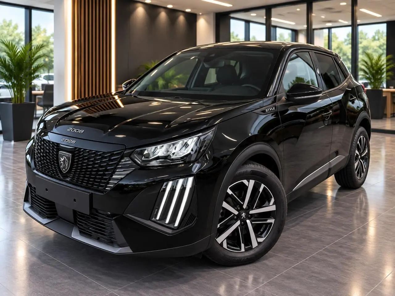 Peugeot 2008 noir perla nera en vue 3/4 avant droit, avec calandre distinctive et feux LED verticaux.