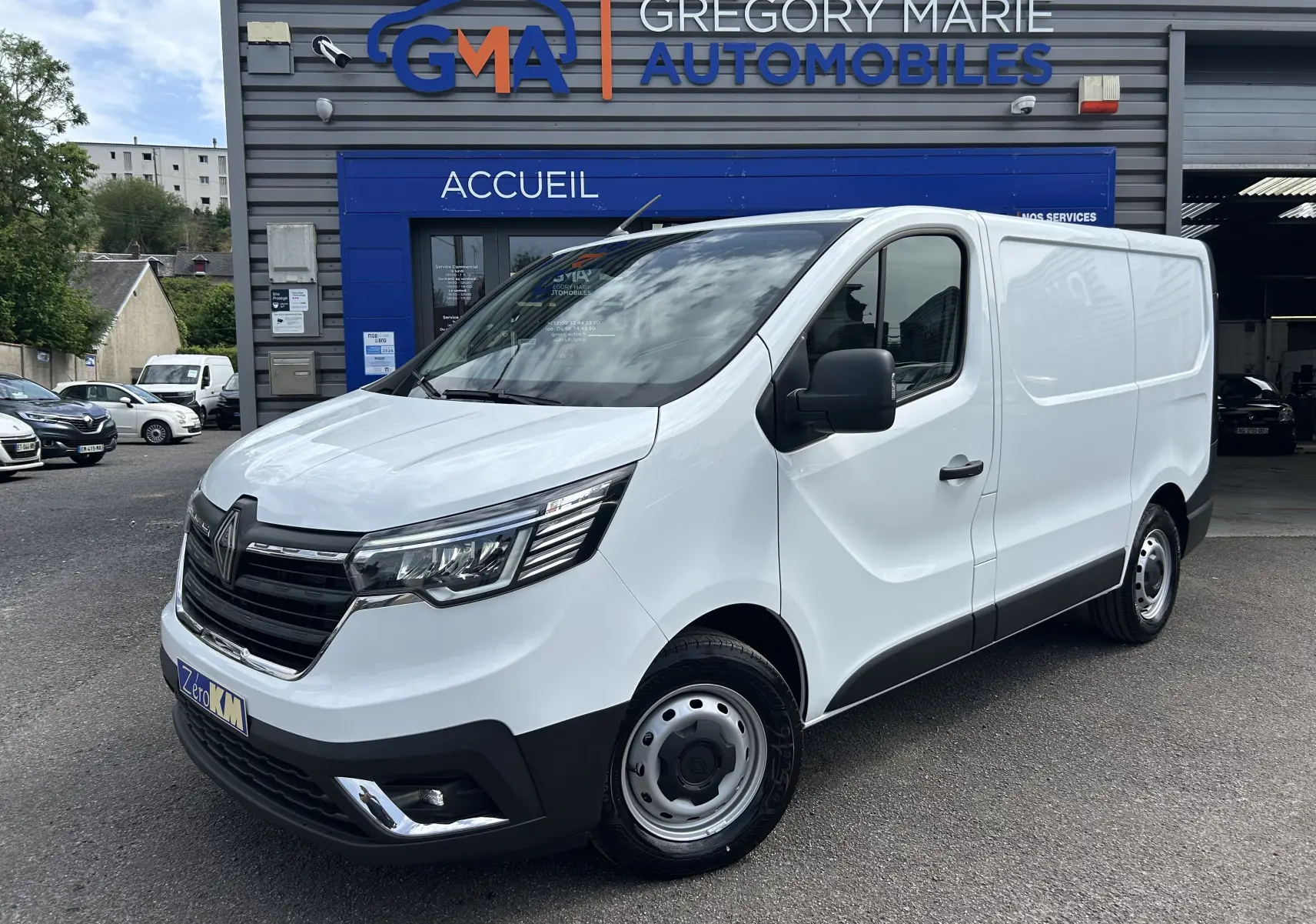 Renault Trafic Fourgon blanc en 3/4 avant droit, avec calandre noire et projecteurs modernes, stationné devant un garage.