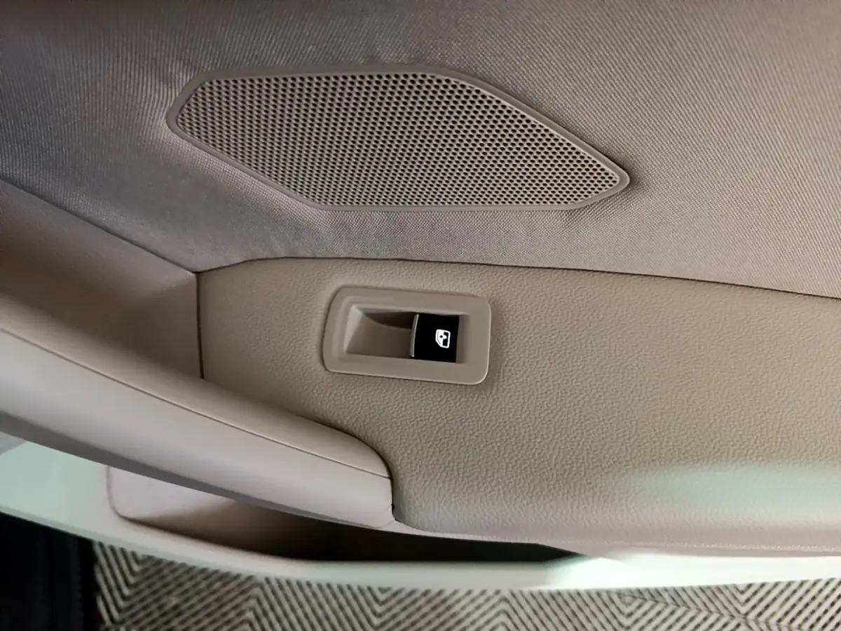 Détail du plafonnier beige avec bouton d'ouverture du hayon du Volkswagen Tiguan gris clair, vue intérieure.