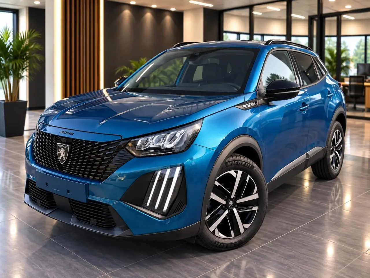 Peugeot 2008 bleu obsession en 3/4 avant droit, avec calandre noire et feux LED distinctifs en intérieur showroom.