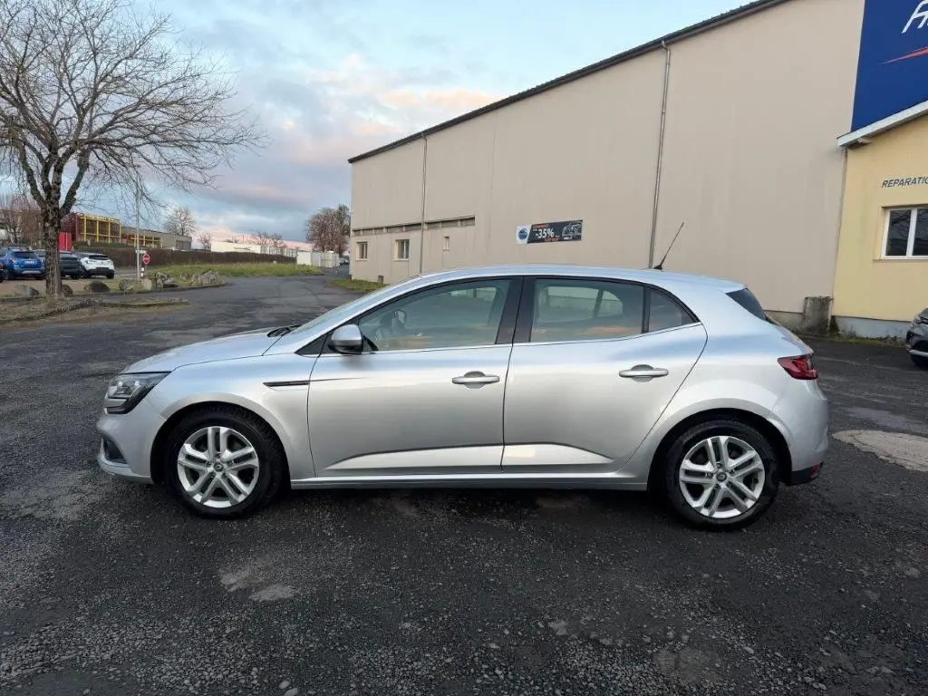 Profil côté gauche d'une Renault Mégane gris alu 2019, avec jantes alliage et lignes épurées visibles.