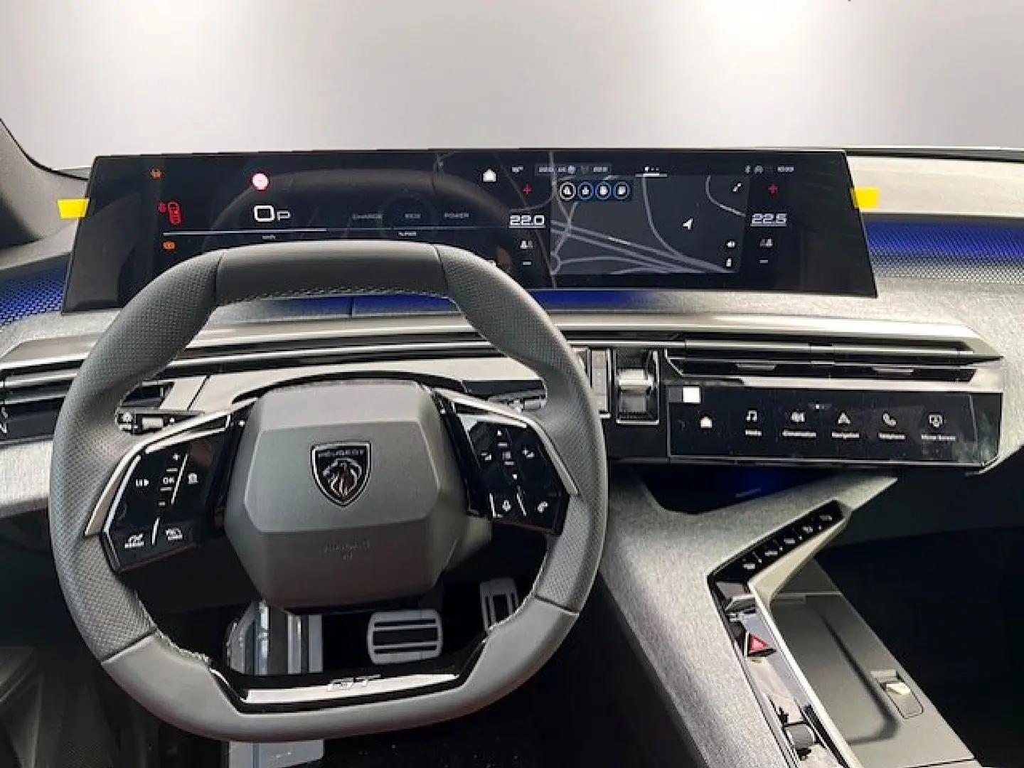 Vue intérieure centrée sur le volant cuir Peugeot 3008 gris Artense avec tableau de bord numérique et écran tactile.