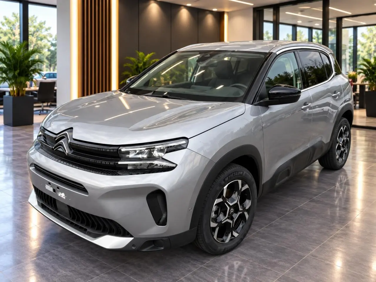 Citroën C5 Aircross 2024 artense en 3/4 avant droit, avec jantes noires et toit noir contrasté dans un showroom.