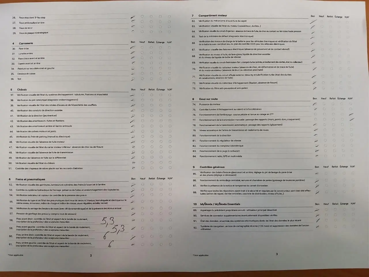 Je ne vois pas de véhicule sur l'image fournie, seulement un document avec des listes de vérifications. Peux-tu fournir une image montrant le véhicule pour que je puisse décrire correctement ?