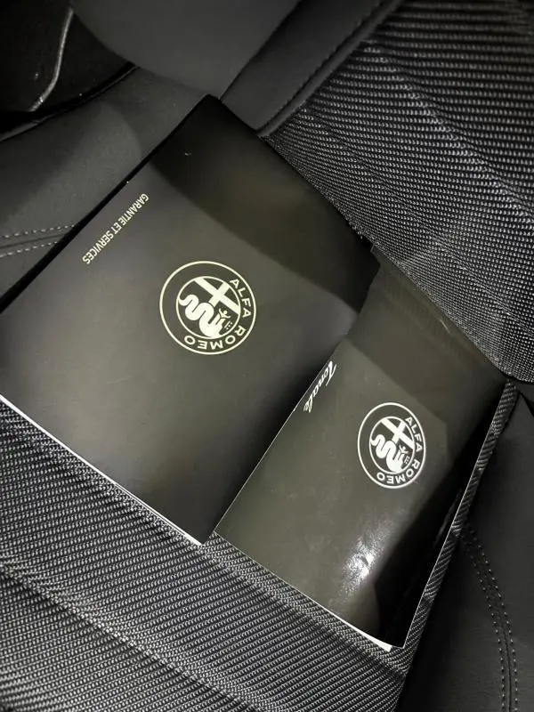 Vue intérieure rapprochée sur siège en tissu gris avec deux manuels Alfa Romeo Tonale posés, soulignant l'ambiance sobre.