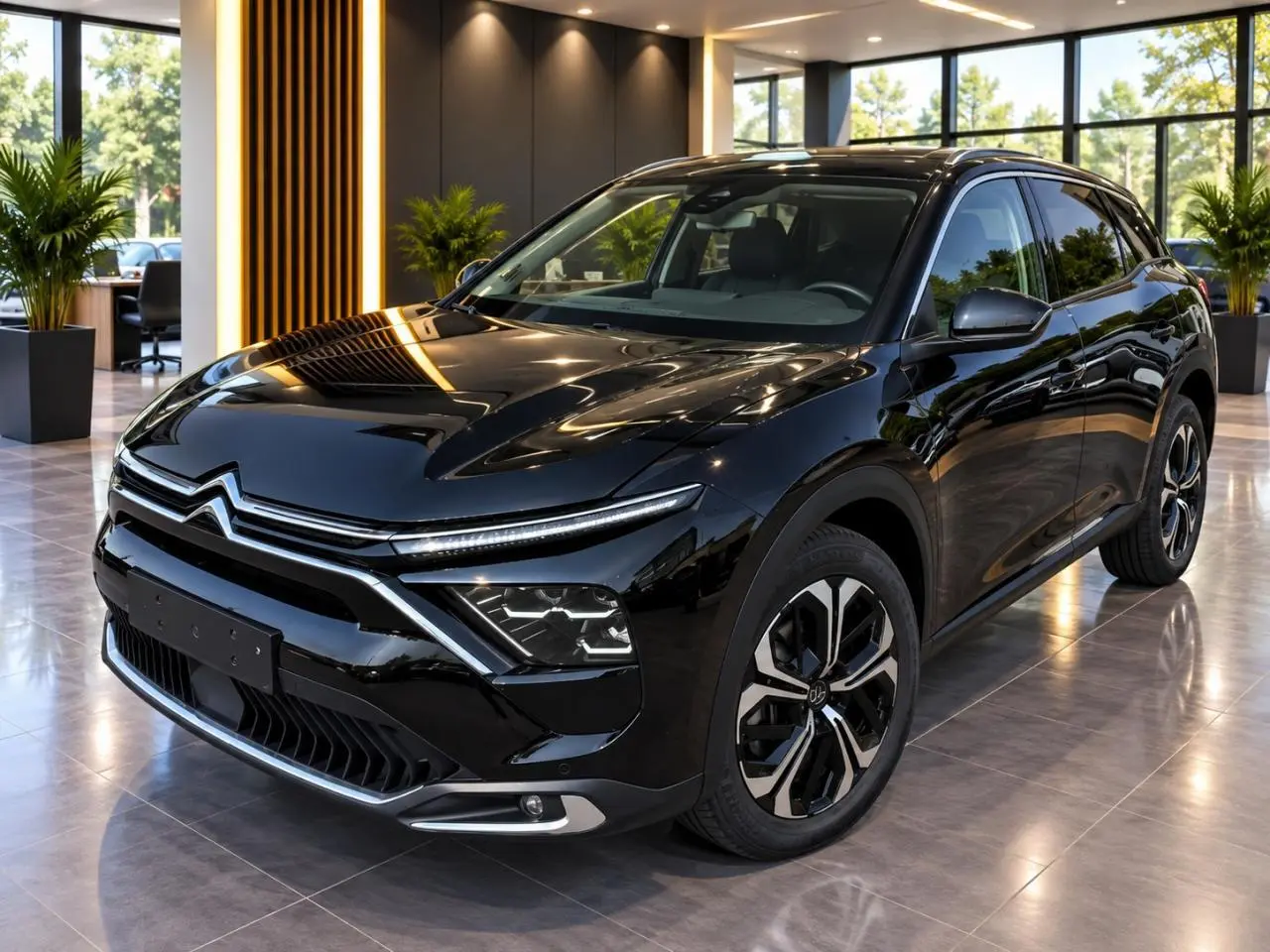 Citroën C5 X noir perla vue 3/4 avant droit, avec calandre distinctive et jantes bicolores modernes.