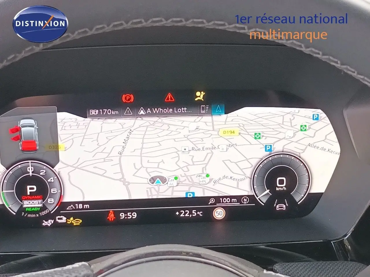 Tableau de bord numérique d’Audi A3 Sportback noir, affichant la navigation et les compteurs à 9h59.