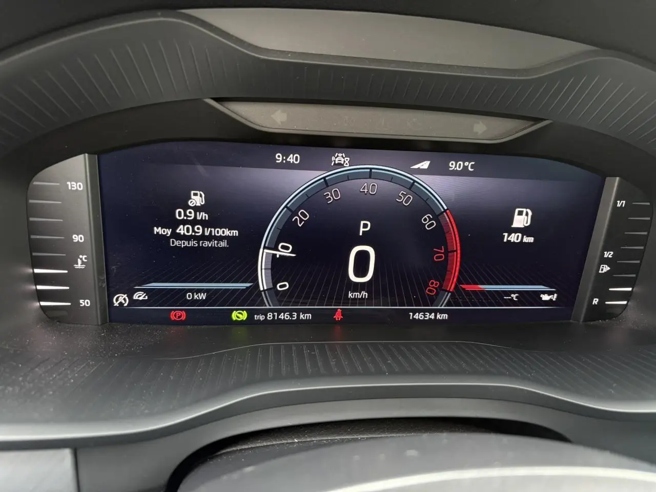 Affichage numérique du tableau de bord du Skoda Kodiaq 1.5 TSI 150 DSG Ambition 7PL, avec vitesse à zéro et indicateurs complets.